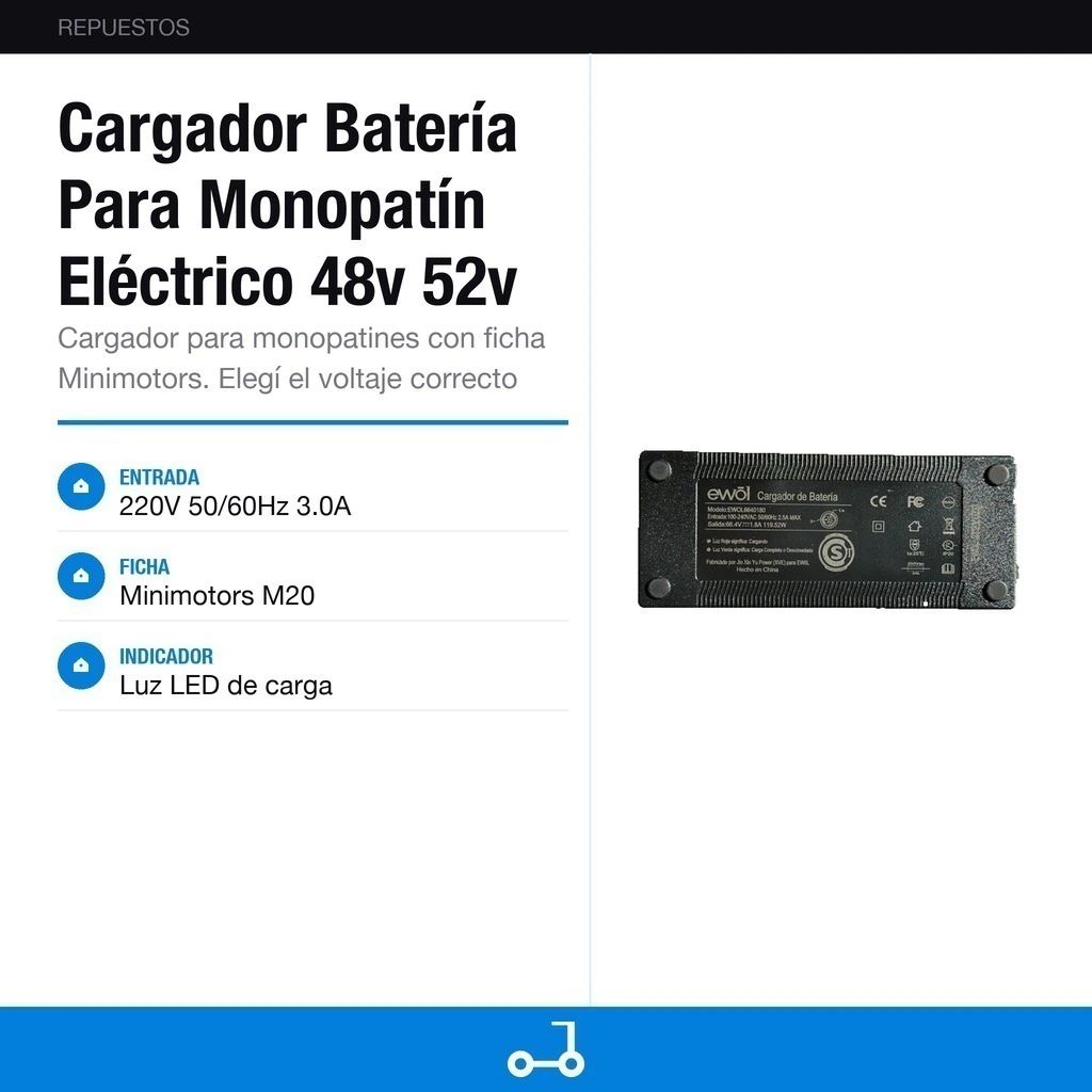 Cargador Batería Para Monopatín Eléctrico 48v 52v 60v 72v - Ficha ewol / Minimotors